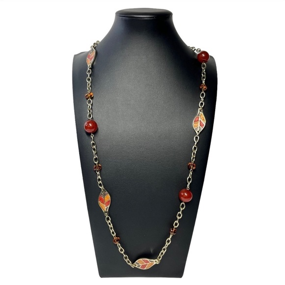 Earth Tone Leaves Beaded Golden Chain Necklace 32-35" - Picture 1 of 8